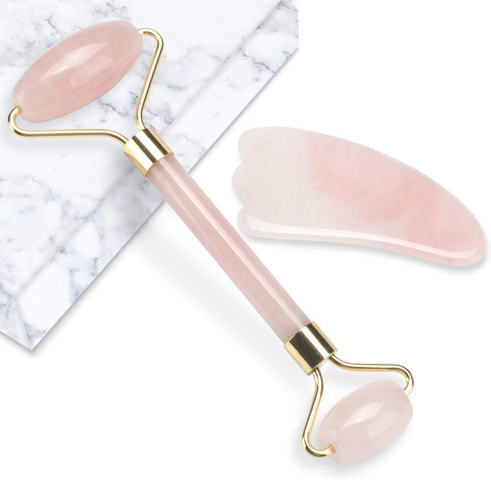 Jade Roller, Anti Aging Jade Roller Gua Sha Scraping Tool Massage Stones Set - Beauty Routine for Glowing Skin, Slimming Healing Rejuvenation, 100% Real Natural Jade (Pink)
