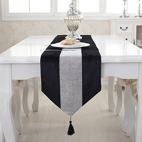 Lafunda Luxus Hochzeit Quaste Western Modern Pailletten Strass Stilvolle Atmosphare Tischlaufer Schimmer Silber Pailletten Stoff Klassisch Diamant Streifen Matte Dekoration Fur Party Bankett Home Decor Schwarz 33 220cm Amazon De Kuche Haushalt