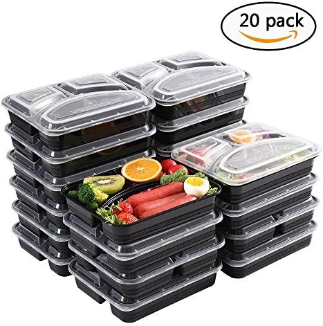 Meal Prep Containers [20 Pack] 3 Compartment Food Prep Containers BPA Free Reusable Stackable Bento Lunch Box Containers Leak Proof Microwave Dishwasher Freezer Safe,Portion Control (32 oz)
