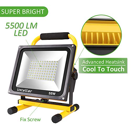 Ustellar 5500LM 55W LED Work Light (400W Equivalent), 2 Brightness Levels, Waterproof Portable Flood Lights, 16ft/5M Cord with Plug, Stand Working Lights for Construction Site, 6000K Daylight White