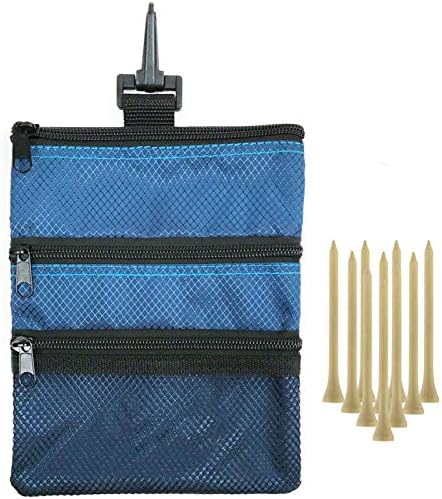 Amy Sport Golf Pouch Bag Multi Pocket Clip Zipper Hook to Bag, with 10 Pcs Wooden Golf Tees Value Set, Durable Nylon Valuables Holder for Men Women