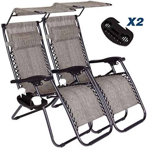 Vosson Folding Zero Gravity Lounge Chair 2 Pack Adjustable Zero Gravity Chair with Pillow, Canopy, Shade Cup Holder Tray for Patio Beach Yard