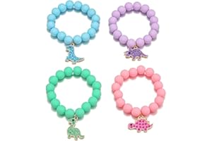 COLORFUL BLING Colorful Enamel Dinosaur Charm Acrylic Beaded Strand Bracelet Set Round Beads for Women Cute Friendship Best Friend Preppy Y2k Party Jewelry-4pcs Dinosaurs