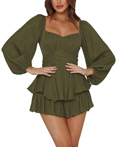 LYANER Women's Jumpsuit Lantern Long Sleeve Ruffle Layer Tie Mini