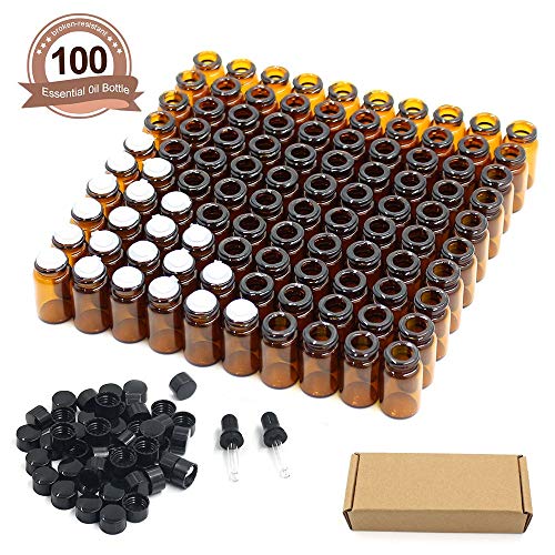 Fomei 100 Packs Oil Bottles for Essential Oils 2 ml (5/8 Dram) Amber Glass Vials Bottles, with Orifice Reducers and Black Caps, with 2 Free Glass Transfer Eye droppers