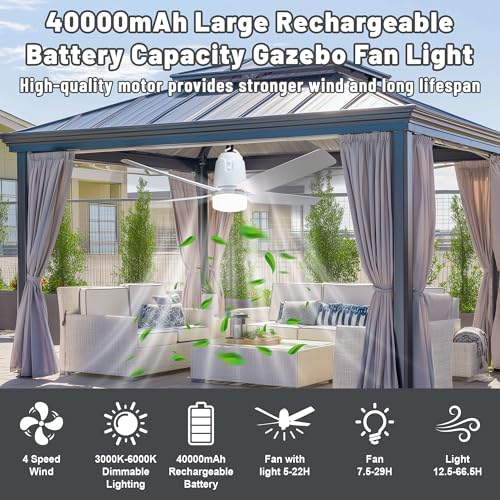 Gazebo Outdoor Ceiling Fan Light 31.5'', 40000mAh Large Portable Ceiling Fan With Remote and Hanging Hook, 4 Wind Speeds, 3000K-6500K Dimmable Canopy Fan Light For Patios, Pop Up Tent, Camping