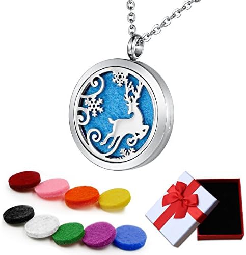 Essential Oil Diffuser Necklace Jewelry, Stainless Steel Aromatherapy Locket for Women Girls Jewelry Holiday Gift Set(Snow Christmas elk deer)