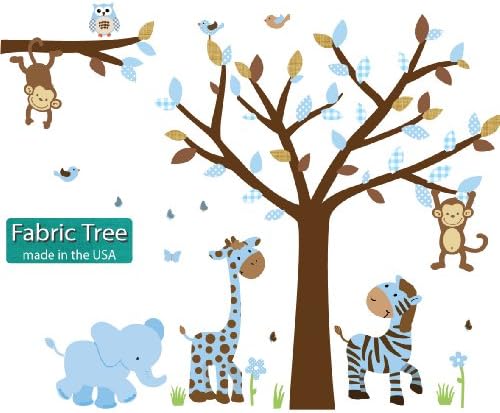 Fabric Safari Little Boy Blue Jungle Tree Wall Decals, Jungle Stickers with Blue Leaves