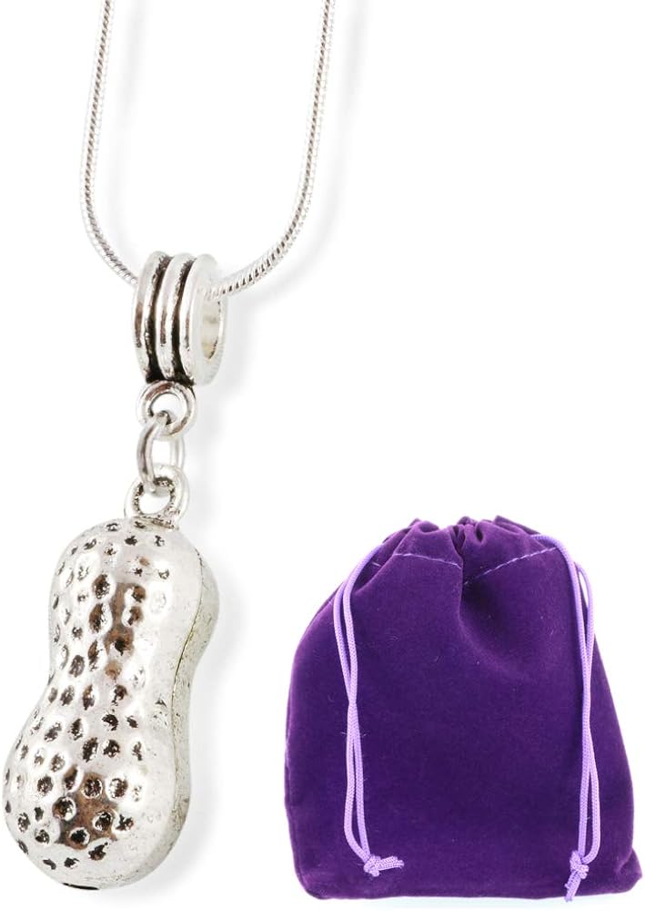 Peanut Necklace | Peanut Necklace Charm on a 22 inch Silver Plated Snake Chain Peanut Charm compatible with Pandora Bracelets as Peanut Jewelry for Women and Men with a 3D Peanut Pendant