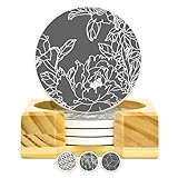 Coaster Set of 4 with Holder | Stone Drink Coasters Set, Peony. Absorbent with Beautiful Blonde Holder | Made of Ceramic with Cork Back, Absorbs Spills