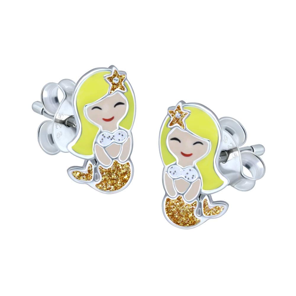 Mermaid Earrings 925 Sterling Silver with Gold Glitter Effect
