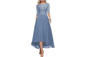 FNKSCRAFT Lace Appliques Mother of The Bride Dress 3/4 Sleeves A line Tea Length Chiffon Formal Wedding Party Prom Gowns for Women