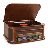auna Belle Epoque 1908 equipo estéreo retro con tocadiscos (reproductor CD y casete, sintonizador DAB, receptor FM, ranura USB)