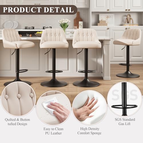 MALOL BAR STOOLS SET OF 3, SWIVEL BAR CHAIRS, MODERN ADJUSTABLE PU LEATHER UPHOLSTERED BARSTOOLS COUNTER HEIGHT WITH TUFTED BACK FOR BAR, KITCHEN COUNTER ISLAND, DINING ROOM, BEIGE
