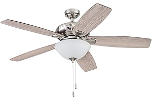 Prominence Home Cannes, 52 Inch Traditional Indoor LED Ceiling Fan with Light, Pull Chain, Three Mounting Options, 5 Dual Finish Blades, Reversible Motor 51596-01 (Brushed Nickel)