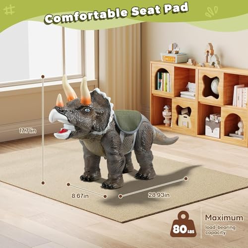 Dinosaur Ride On Toy Car for Kids - Triceratops with Roar Sound & Light Up Horns, Safe Pull String & Comfortable Seat, Indoor Outdoor Walking Trainer, Ideal Birthday Christmas Gift for Toddlers