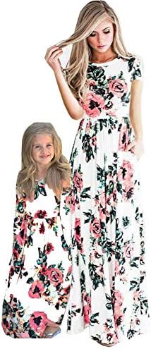 MAKARTHY Mommy and Me Maxi Boho Bohemia Floral Printed Long Dresses with Pockets