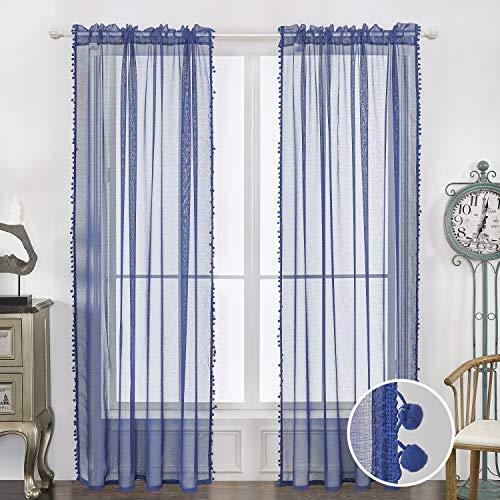 Selectex Linen Look Pom Pom Tasseled Sheer Curtains - Rod Pocket Voile Curtains for Living and Bedroom, Set of 2 Curtain Panels (52 x 95 inch, Indigo)