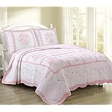 Cozy Line Home Fashions Daisy Field Bedding Quilt Set, Pink White Flower Floral Embroidered Real Patchwork 100% Cotton Reversible Coverlet Bedspread, Gifts for Kids Girl Women (Pink, Twin - 2 Piece)