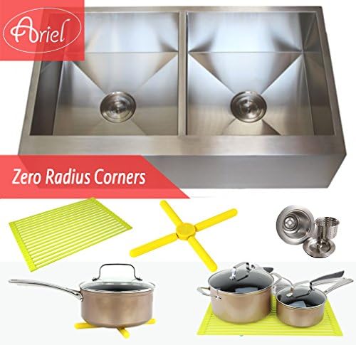 36 Inch Zero Radius Design 16 Gauge Double 5050 Bowl Stainless Steel Flat Front Farmhouse Apron Kitchen Sink Premium Package