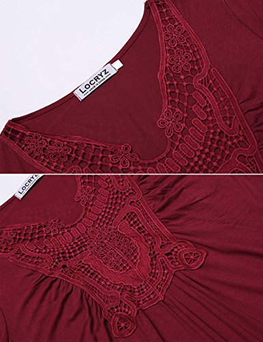 Locryz Women V-Neck Short Sleeve Ruched Pleated Front Casual Loose T-shirt Top Blouse (L, Wine Red)