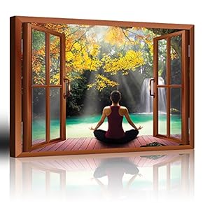 Modern Copper Window Looking Out Into a Woman Meditating by a Lake with a Waterfall - Canvas Art Home Art - 24x36 inches