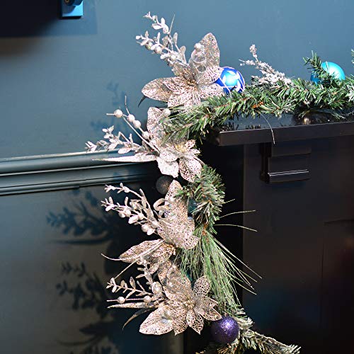 Valery Madelyn 6 Packs Silver Glitter Christmas Decorations with Artificial Christmas Flower and Leaf for Christmas Decoration and Home Decor