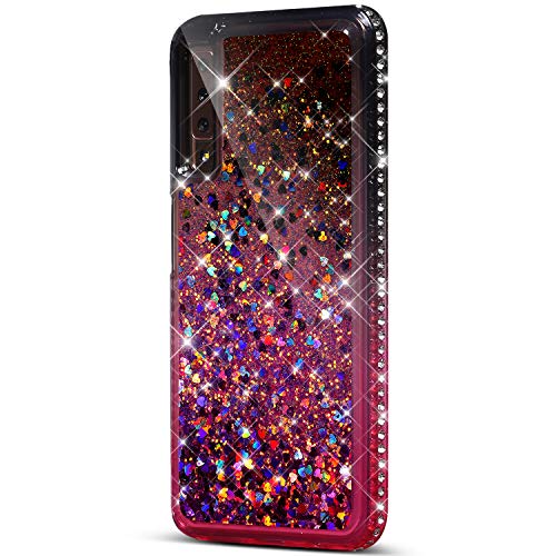 Case for Galaxy A7 2018/A750,Girls Women Flowing Floating Liquid Quicksand Bling Glitter Sparkle Rhinestone Diamond Bumper Soft Gradient Color TPU Case Cover for Galaxy A7 2018 Bling Case,Black Pink