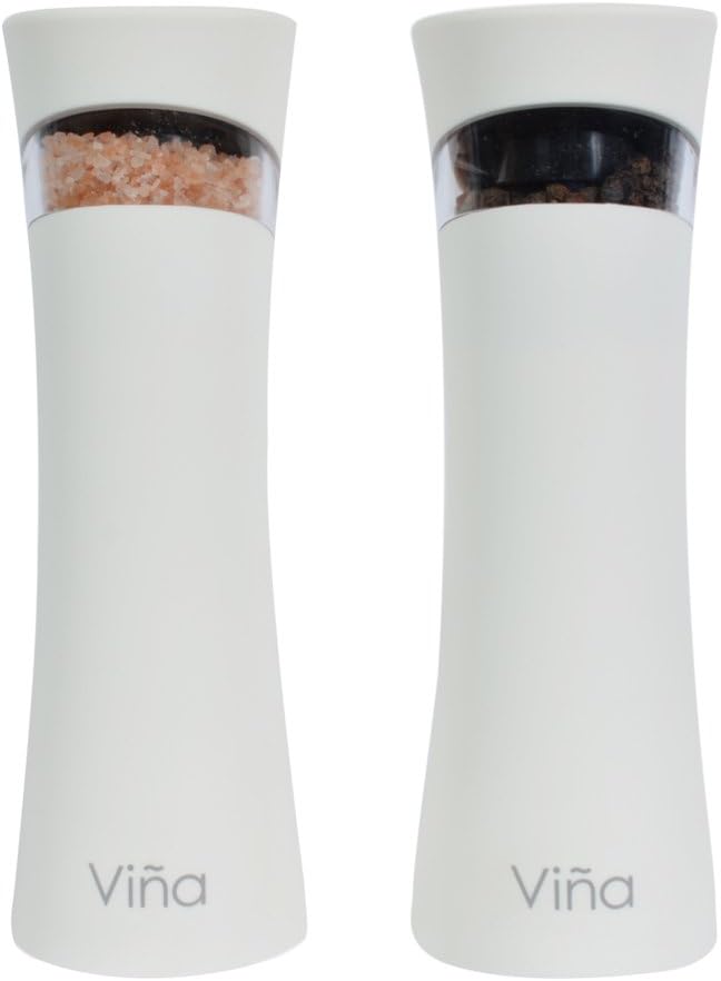Vina Automatic Gravity Salt and Pepper Grinder Set, Pack of 2, Electric Ceramic Core Mills Shaker with Adjustable Grinding Coarseness, Free Garlic Roller Included, White