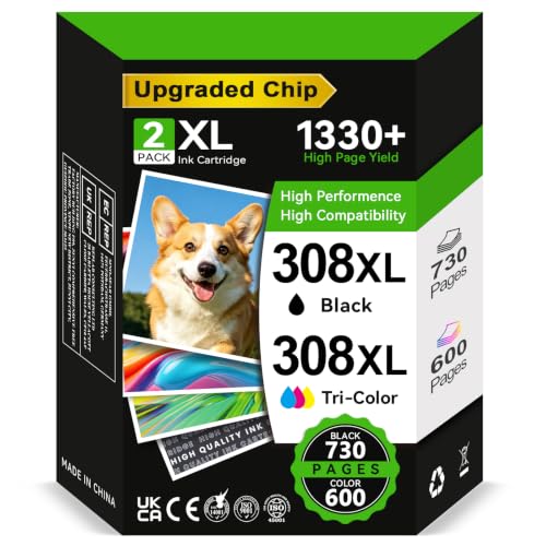 ECOINKO Encre 308XL BK+CMY - 1330+ Pages, Remplacement pour Cartouche HP 308 Noir et Couleur Originales, Encre Imprimante 308 XL pour HP Envy 6100e 6120e 6122e 6132e 6152e 6520e Deskjet 2910 2920 2921