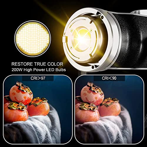 GVM LED Video Light with Softbox, 200W Bowens 3200K-5600K COB Photography Light with Tripod, App and DMX Control, LED Studio Continuous Light for Photography, Video, Interview, YouTube, Film 93000Lux/0.5 m