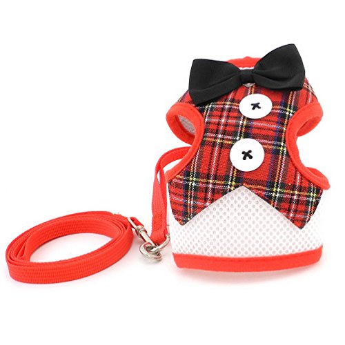 SELMAI Stylish Red Plaid Suits Mesh Dog Tuxedo Harness Vest Leash Set for Small Toy Dog Cat Puppy Adjsutable No Pull S