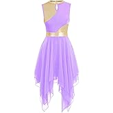 yrsZX Women's Praise Dance Overlays Dress Tunic Metallic Color Block Sleeveless Irregular Hem Worship Lyrical Dance Dress