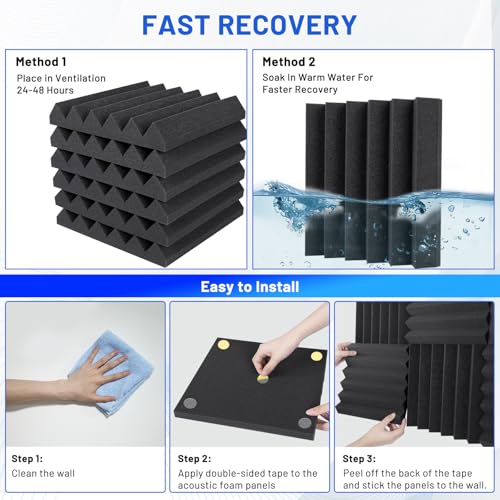 50 Pack Sound Proofing Panels, 2" X 12" X 12" Acoustic Foam Wall Panels, Soundproofing Wedge Panels, Sound Absorption Wall Panels, Sound Proof Panels for Studio, Home, Office, With Double Sided Tape