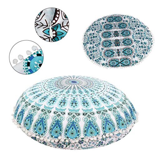 KMG Kimloog Round Pillow Cover, Decorative Mandala Pillow Sham, Indian Bohemian Ottoman Poufs, Outdoor Cushion Cover, Pom Pom (H) - Thumbnail 6