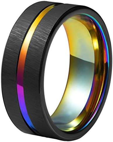 Queenwish 8mm Rainbow Black Brushed Tungsten Wedding Band Triton Gorgeous Center Grooved Couples Rings