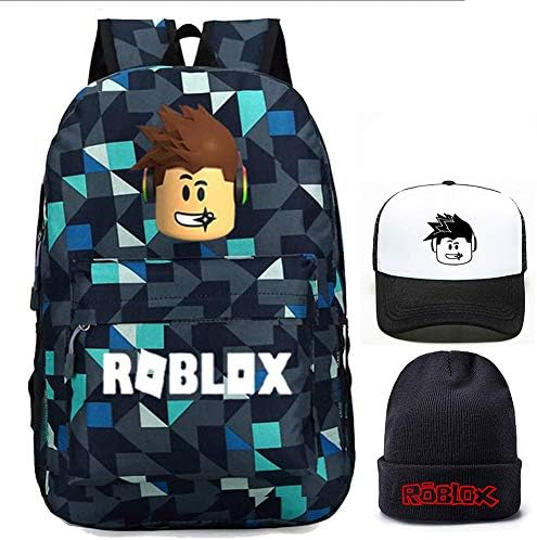 Roblox Backpack With Baseball Cap and Knitted Hat, Student Bookbag Laptop Backpack Travel Computer Bag for Boys Girls Kids Teenagers Game Fans Gift (Lingger 3)