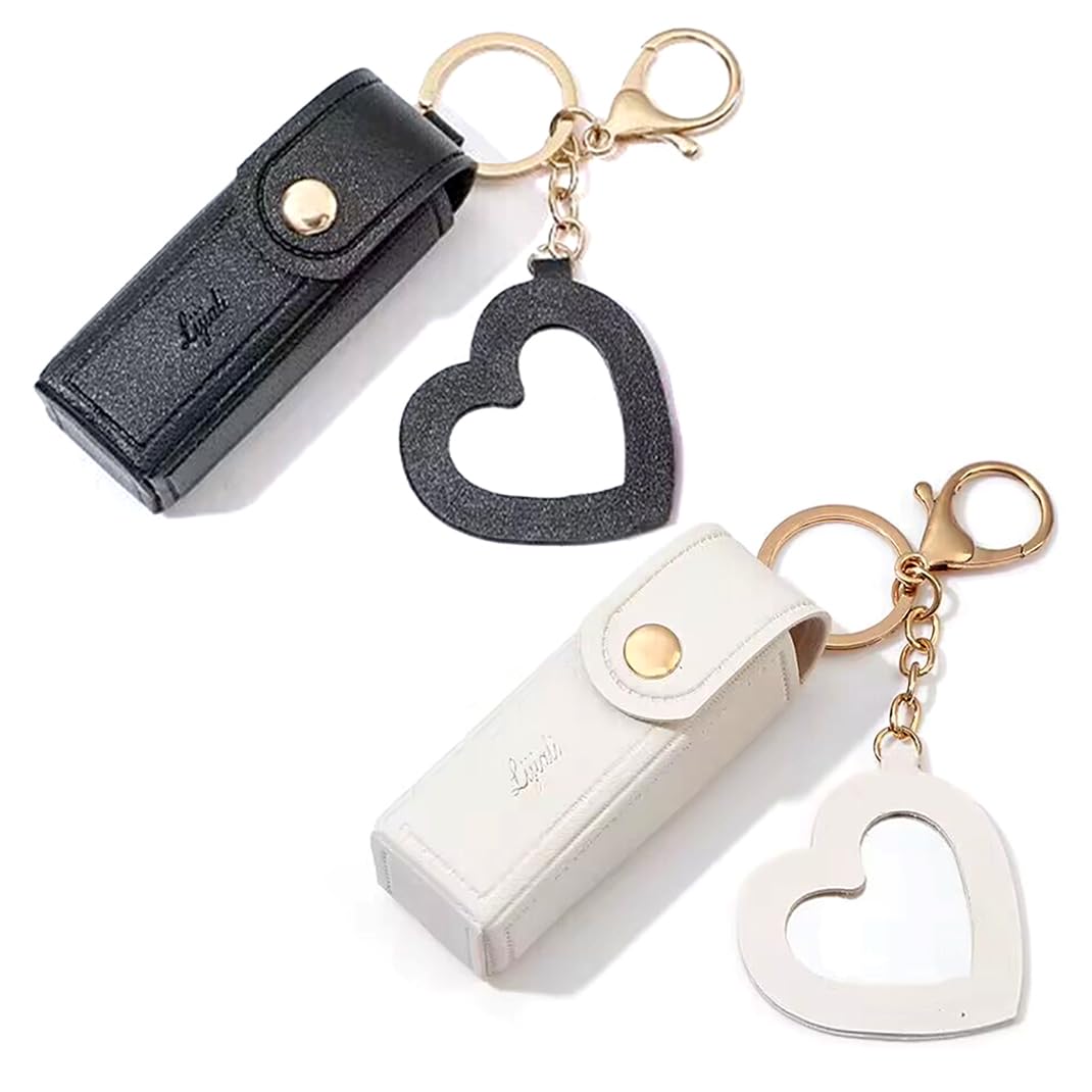 DIYBravo 2 pcs Lipstick Cases Keychain Chapstick Case Holder Lip Balm Sleeves Pouch with Mirror Heart Shaped, Portable Leather Lip Gloss Mini Bags Stocking Stuffers (black+white)