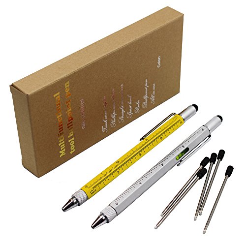 2PCS PACK 6 in 1 Screwdriver Tool Pen - Mini Multifunction Pen with Stylus, Flat and Phillips Screwdriver Bit, Bubble Level and inch cm Ruler all in one (Yellow & Silver) - Thumbnail 5