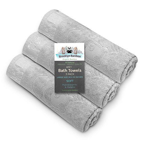 Brooklyn Bamboo Bath Towels (Beautiful & Unique 3 pc set), soft, absorbent, anti-fungal, hypoallergenic, Gray (27.6 inch X 55.1 inch)