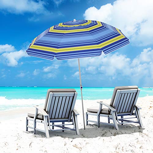 SONGMICS 7 Feet Fiberglass Beach Umbrella, Heavy Duty Outdoor Sports Umbrella, Sun Shade with Tilt Mechanism, Carry Bag - for Beach, Gardens, Balcony and Patio Blue and Yellow Stripes UGPU07UY