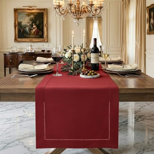D'Moksha Homes Linen Red Table Runner 153 CM - Classic Hemstitch, 100% Pure Linen Coffee Table Runner 36 x 153 cm Ideal for Dresser Tables - Dining, Spring, Easter