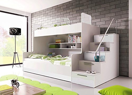 Kids bunk bed ROY 2 High gloss finish Free foam mattresses. Vey safe and functional (White, Rights steps)