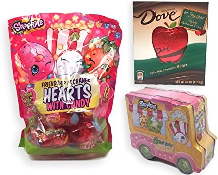Shopkins Valentines Day Classroom Exchange Hearts with Candy, Tin Gift Truck and Dove Chocolate Teachers Gift