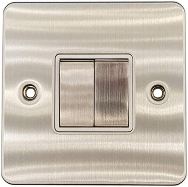 Klite Double Light Switch 2 Gang Flat Plate Brushed Chrome White Insert Metal Rocker Switches 10A 2 Gang 2 Way Switch
