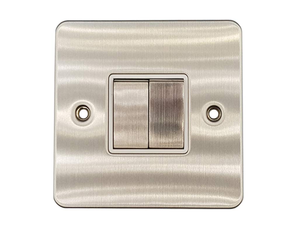 Klite Double Light Switch 2 Gang Flat Plate Brushed Chrome White Insert Metal Rocker Switches 10A 2 Gang 2 Way Switch