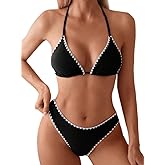 Aizscvu Women's Sexy Solid Color Lace Triangle Bikini Set, Halter Adjustable Ties Backless Two-Piece Swimsuit