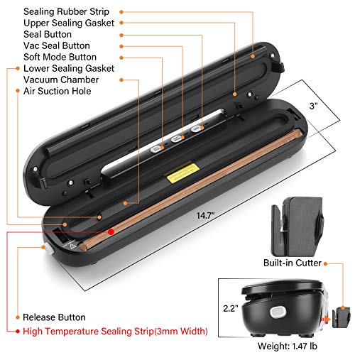 Firbon Vacuum Sealer Machine, Compact Portable Automatic Air Sealing System with Cutter & Starter Kit for Food Preservation Space Saver(Black)