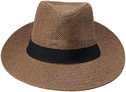 Amaible Mens Fashion Ribbon Hat Summer Beach Sun Topee Straw Panama Cap - Coffee