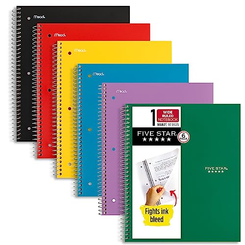 Five Star Spiral Notebook, 6 Pack, 1 Subject, Wide Ruled Paper, Fights